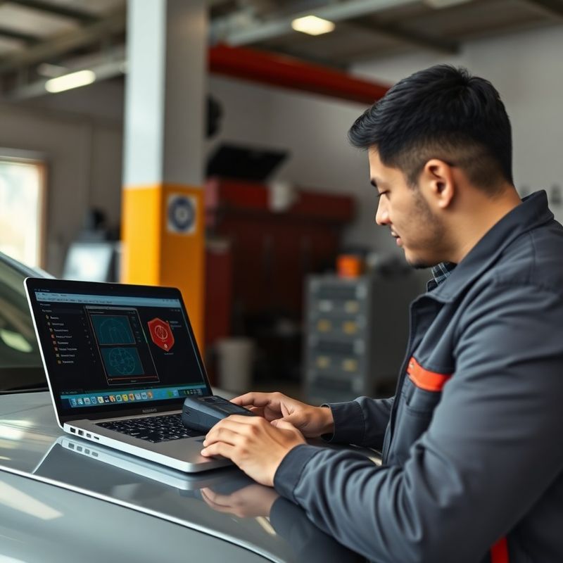 Técnico conectando scanner OBD-II a um veículo